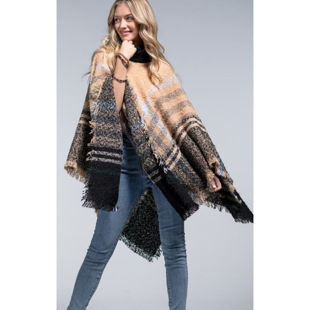 Women's Black/Pink Oversized Plaid Turtle Neck Poncho.